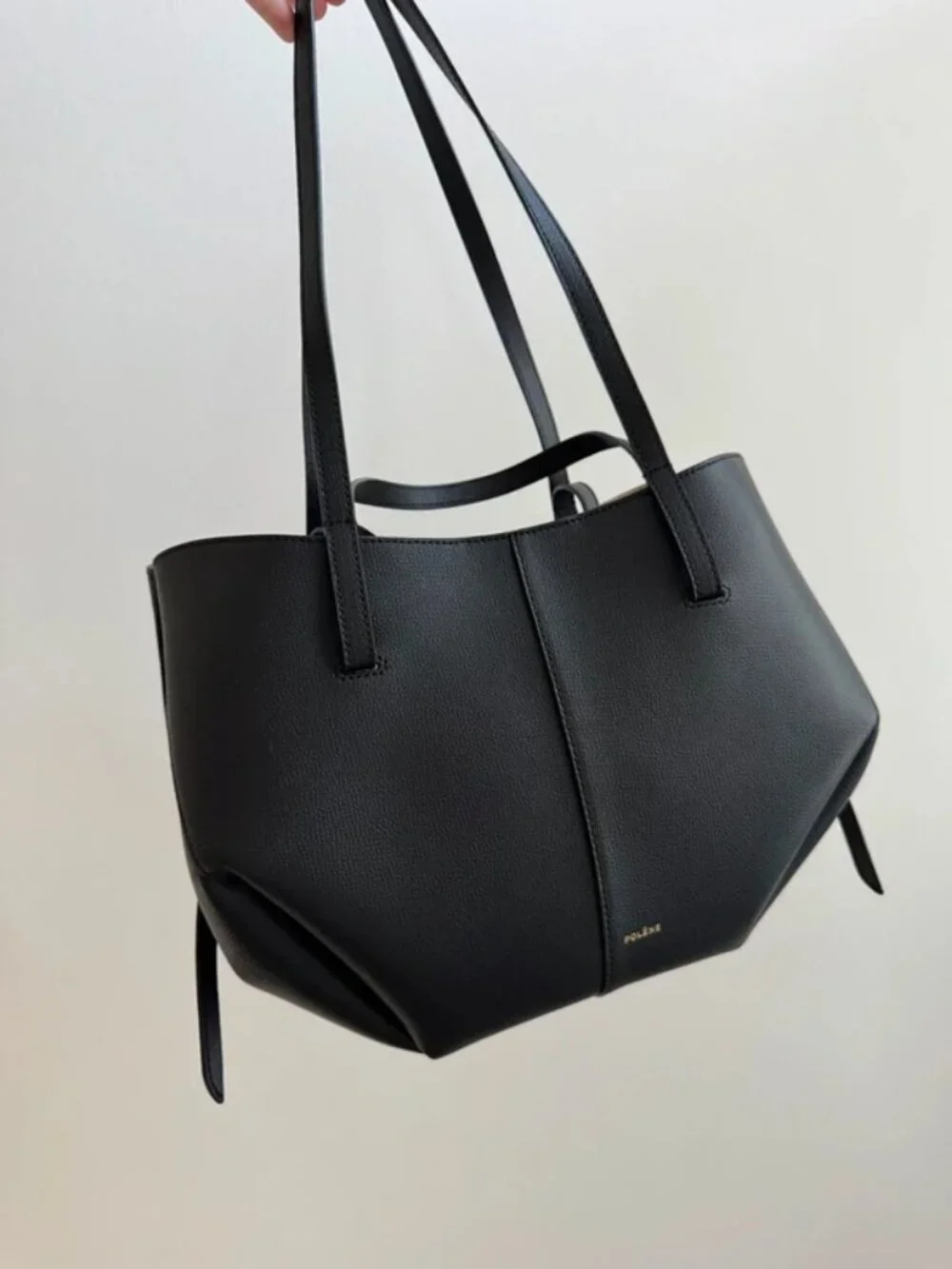 ✨ Polene Cyme Mini Black Grained Leather Tote Bag